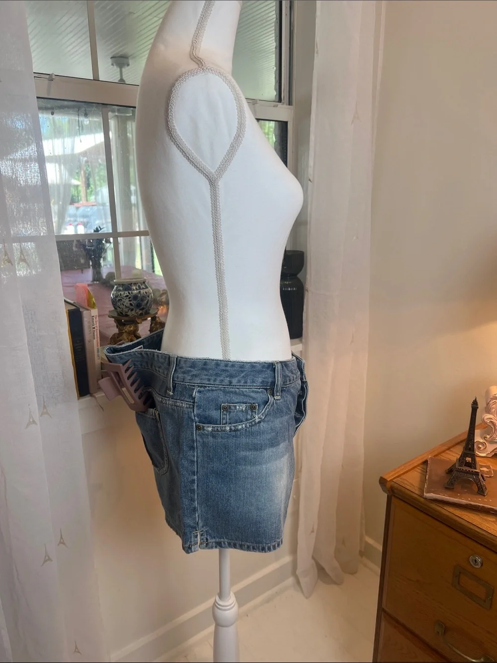 Old Navy Blue Patchwork ultra low waist button fly Denim Shorts size 14.